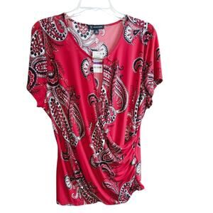 NEW INC Blouse Top Plus 2X Stretchy Faux Wrap Red V-Neck Career Office Dressy